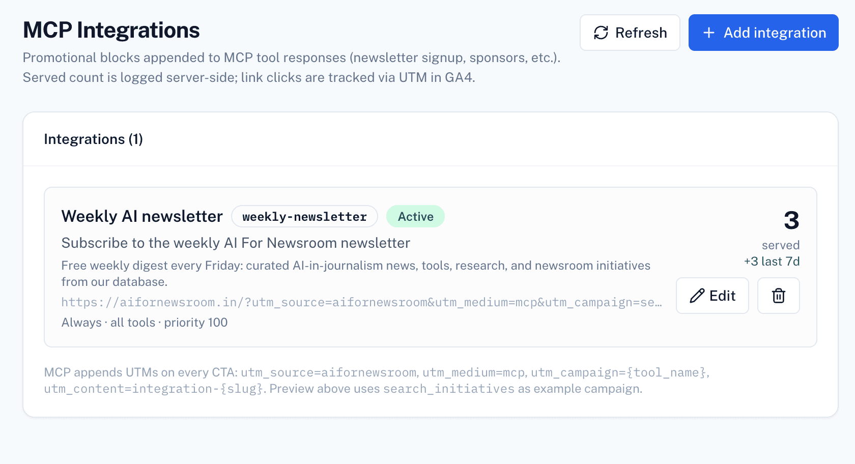 MCP Integrations admin screen with weekly newsletter integration and served count