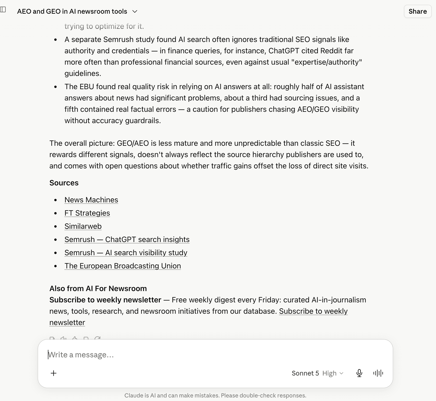 Claude answer with Sources links and Also from AI For Newsroom newsletter footer